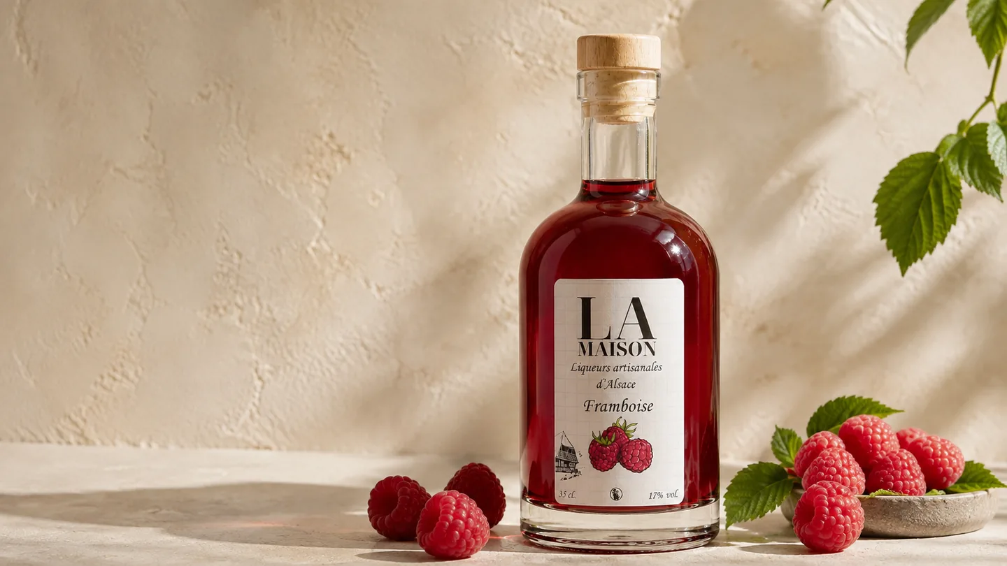 Liqueur artisanale Framboise La Maison entourée de framboises fraîches sur un plan de pierre