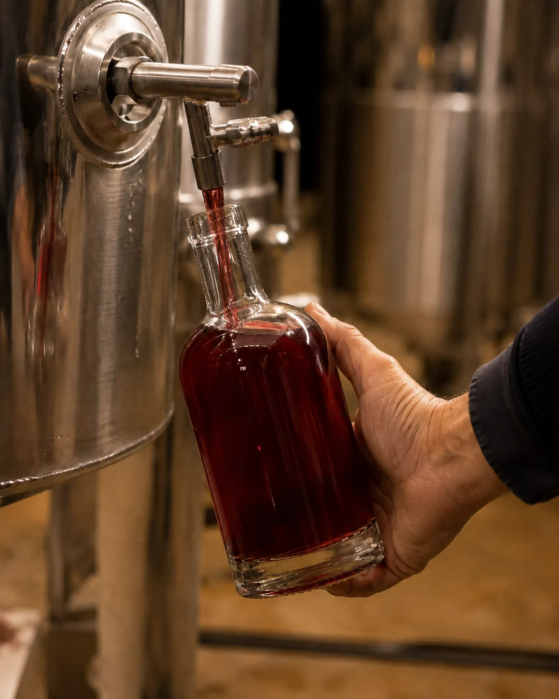 Remplissage à la main d'une bouteille de liqueur Framboise au robinet de la cuve en inox, dans l'atelier de La Maison à Lampertheim